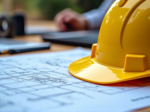 Bauplan und Helm für Projektmanagement